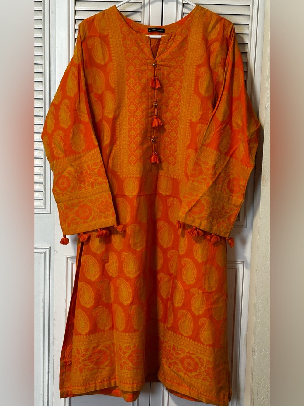 Pakistani J-Pret size 14 for women in Vibrant Orange&Yellow withTassel Kurta Set